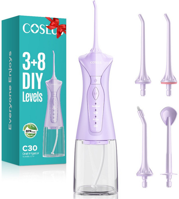 코슬루스 3+8 모드 무선 구강세정기 IPX7 급방수 + 4개노즐팁, 퍼플