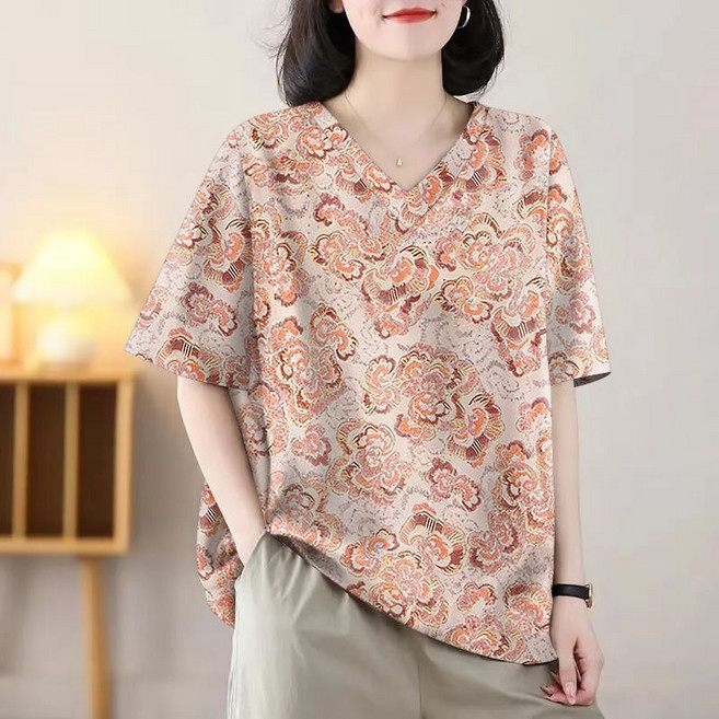 메인워크 중년 여성 빅사이즈 브이넥 반팔티셔츠 여름 엄마룩 냉장고 시크 패션 아이스 루즈핏 데일리 스판 하객룩 아우터 상의
