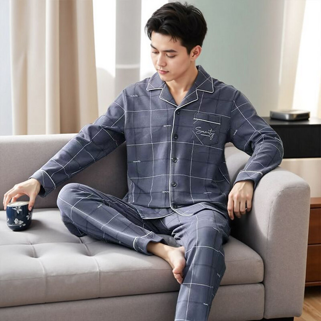Novastar 남자 순면 체크 잠옷 라운지웨어 수면잠옷 홈웨어 클래식 상하세트 잠옷