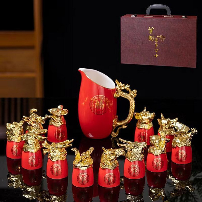 고량주잔 술 수정방 술잔세트 스트레이트 순홍색 다이아 연태주 술수정방 고량주, 골드 12지신 차이나레드, 1개