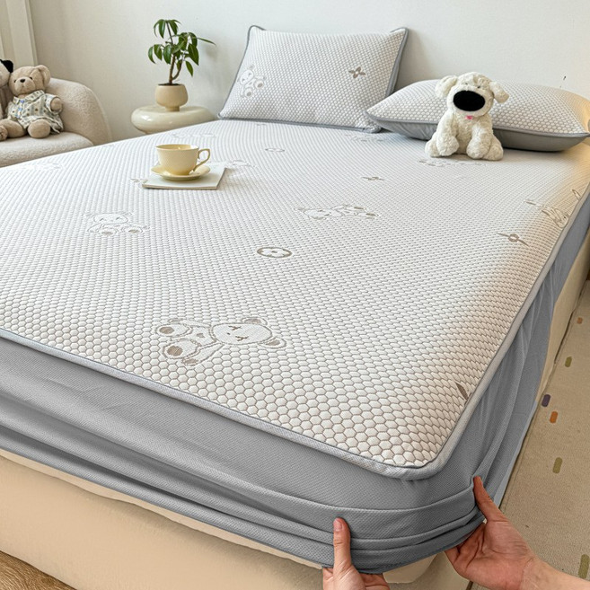 7월 여름 알몸 수면 아이스 두두 냉매트 3종 세트 침대 시트형 아이스 실크 에어컨 부드러운 매트 세탁기 사용 가능 얇은 패드, 90x200cm[단일 매트], 폭력적인 곰 - 카키색 [침대 시트 스타일 - 세탁기