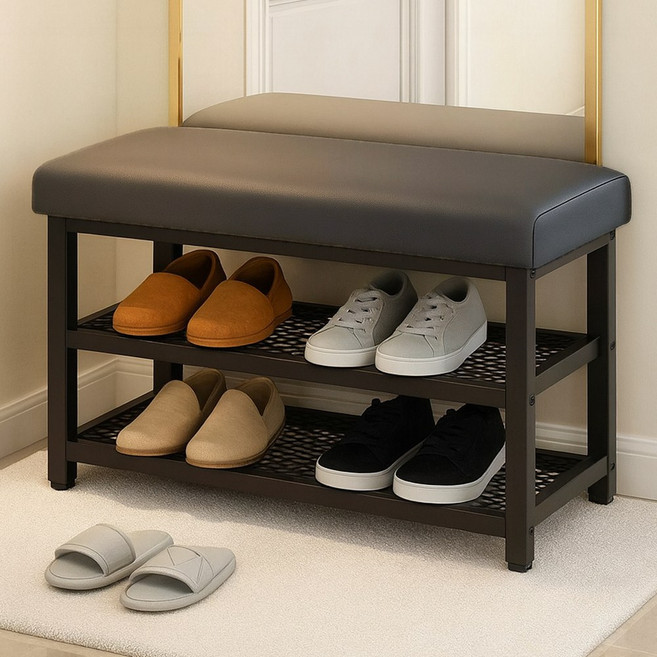 보리보 철제 현관의자 신발장 60cm 신발 수납정리대, 2단, 그레이+블랙