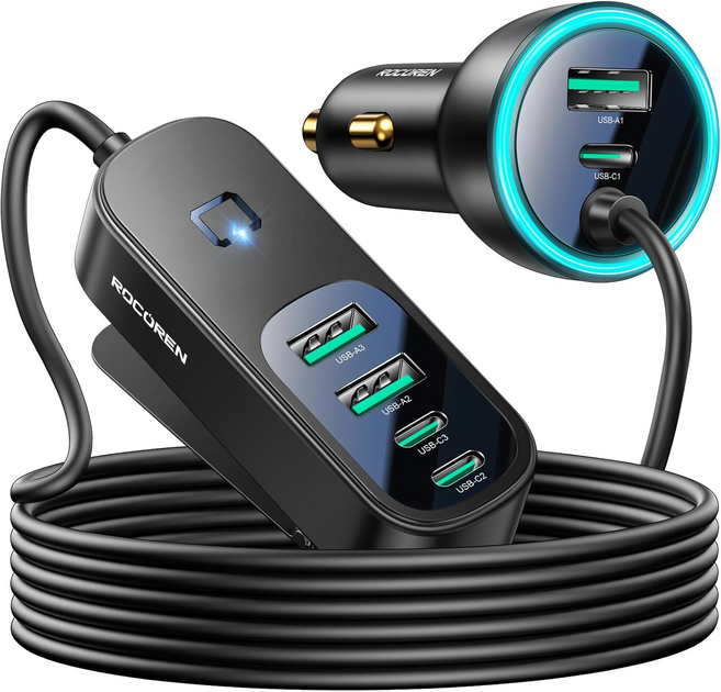 Rocoren 105W 대용량 6포트 차량용 충전기 PD고속충전 시거잭 앞뒷좌석 동시충전 12V 24V 겸용 다기능 차량 충전기