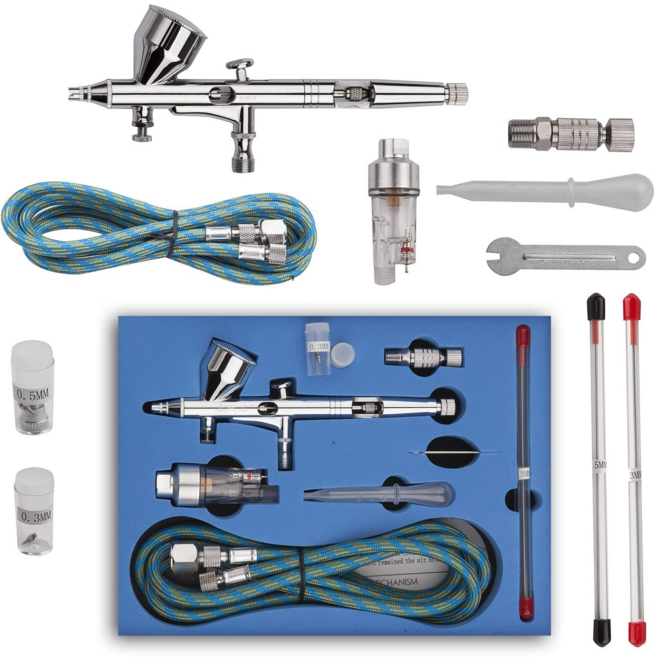 노즐과 바늘이 다른 에어브러쉬 키트 취미 모델 페인팅 케이크 네일 아트를위한 에어브러쉬 0.2 0.3 및 0.5mm 바늘과 에어 호스가있는 다목적 듀얼 액션 에어브러시, 1개