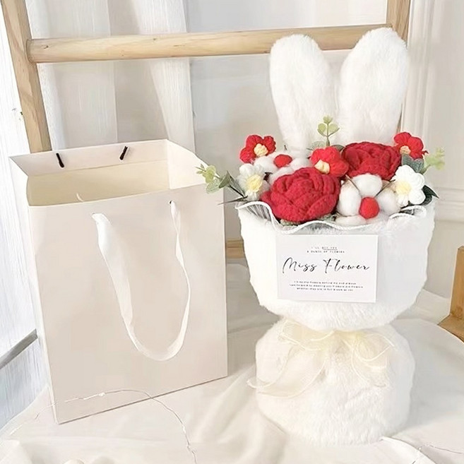 허니잼 토끼 뜨개 인형 꽃다발 졸업식 발표회 꽃다발 예쁜 인형 꽃다발 선물용, 레드, 1개