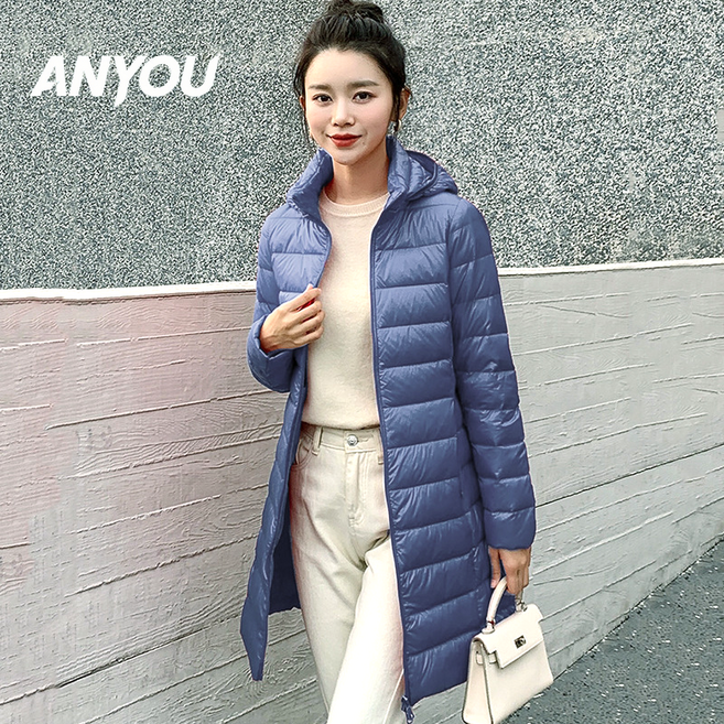 ANYOU 겨울 여성 초경량 후드 롱패딩 중년여성 롱 코트 여성경량패딩