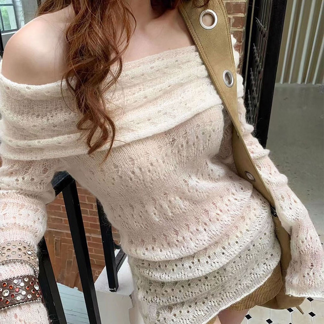 SOSISI 여성 무지 보트넥 시스루 니트긴팔 DH1M20380