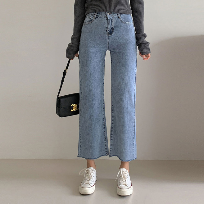 루나진 여성용 라이트워싱 일자 청바지 9부 밴딩 스판 데님