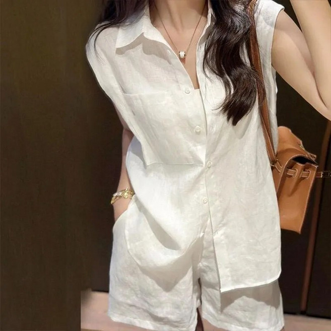 Kingfishe 여성 여름 패션 민소매 블라우스 반바지 세트 ru626DY4