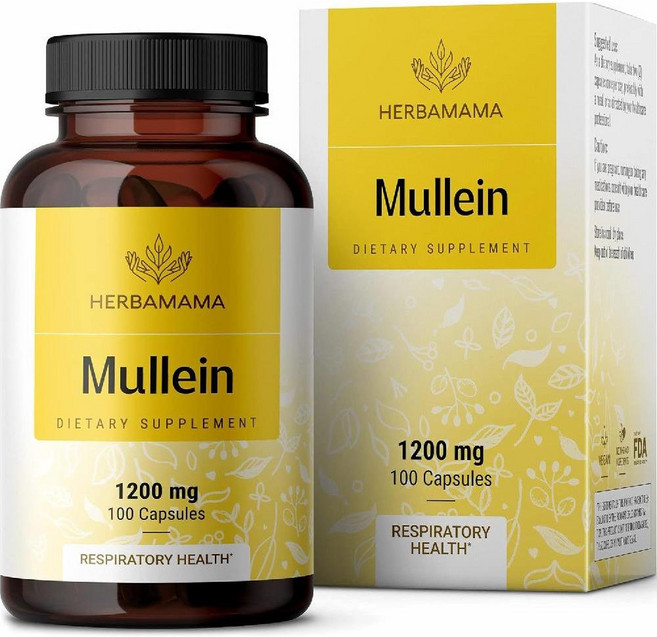 HERBAMAMA Mullein 멀레인 잎 추출물 1200mg 100베지 캡슐, 100 Count (Pack of 1), 1개, 100정