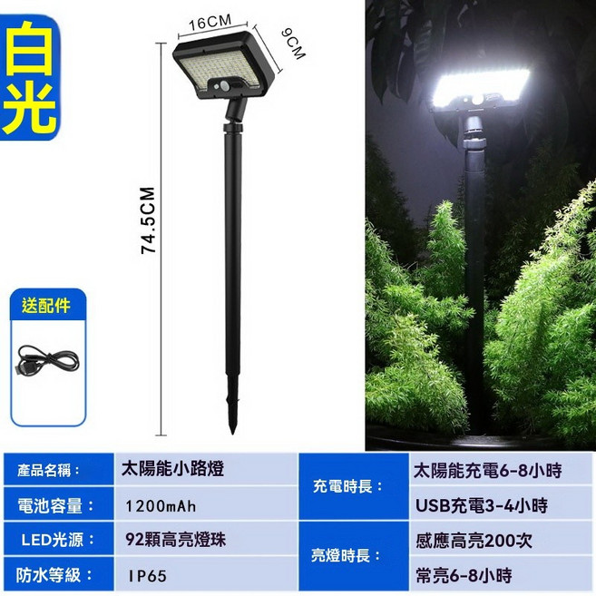 LED太陽能小路燈 家用花園草坪感應燈 戶外庭院地插燈, 白光