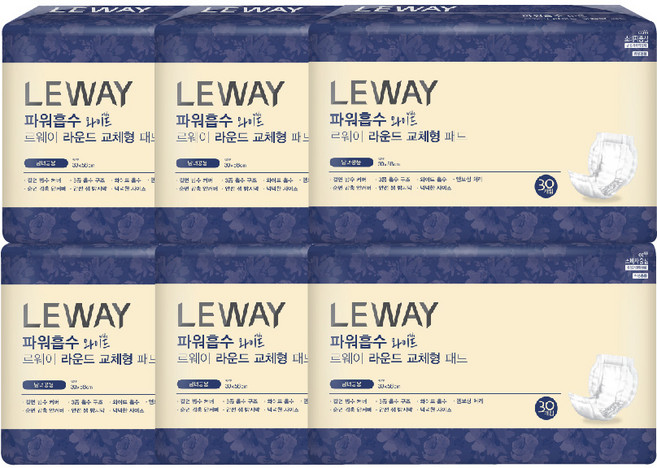 르웨이 라운드 교체형 성인용 패드 와이드, 30개입, 6개