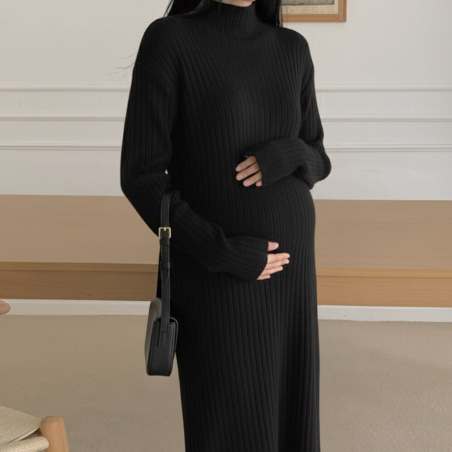 [당일출고] 수엠W 임부 하객룩 니트 롱원피스 골지 반폴라 겨울 원피스 B069 하프넥니트원피스
