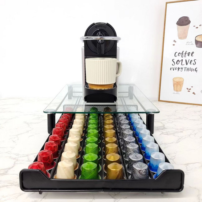 네스프레소 캡슐커피 투명 유리 보관함 60구 서랍형, 1개, 투명 & 블랙