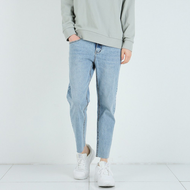 [데님공방] 3컬러 9부 크롭진 스판 슬림일자핏 컷팅진 구름워싱 데님팬츠