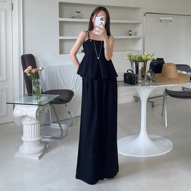 레티고 [투피스] 썸머 바캉스 셔링 끈나시 통 와이드 팬츠 세트