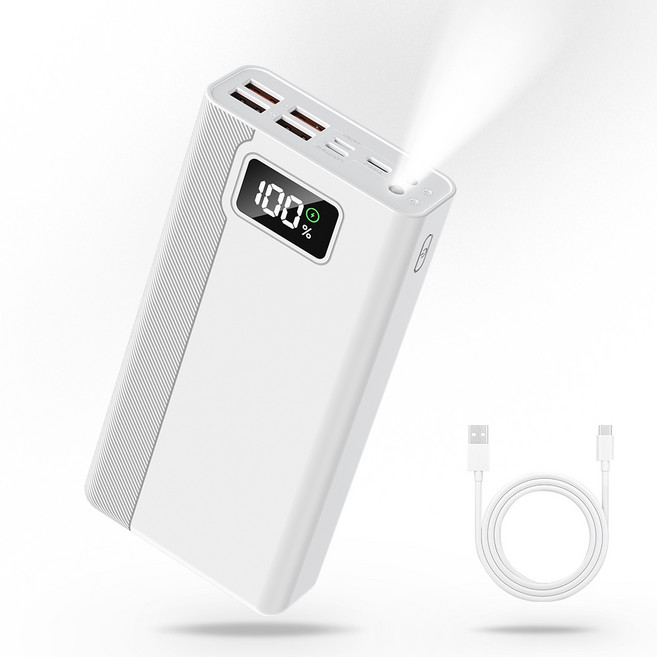 고속충전 PD 22.5W QC3.0 멀티단자 LED 조명등 잔량표시 대용량 보조배터리 30000mAh, 화이트