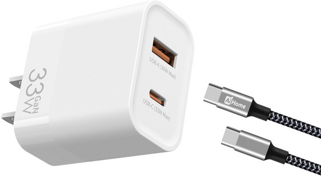 33W GaN 氮化鎵充電頭 USB A Type-C 雙口PD快充 豆腐頭 蘋果iPhone/Android 充電器, 1套, 33W雙孔氮化鎵快充頭線組（附100cm C轉C快充線）