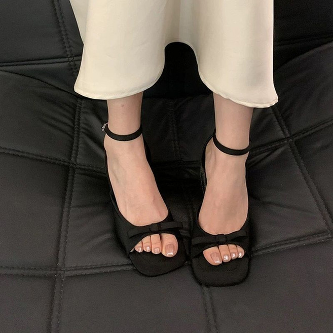 蝴蝶結氣質涼鞋女 黑色高跟鞋 細跟單鞋, 黑色升級版,42