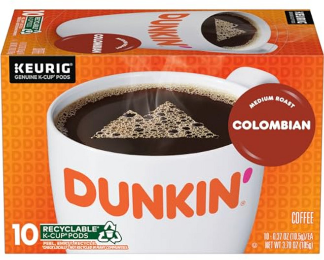 던킨 100% 콜롬비아 미디엄 로스트 커피 큐리그 K-컵 포드 Dunkin' 100% Colombian Medium Roast Coffee 10 Keurig K-Cup Pod, 콜롬비아 사람, 10개입(1팩), 1개, 10.5g
