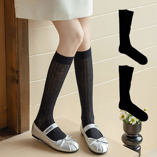 에이블탑 시스루 여름 얇은 주름 니삭스 롱스타킹 양말 2P