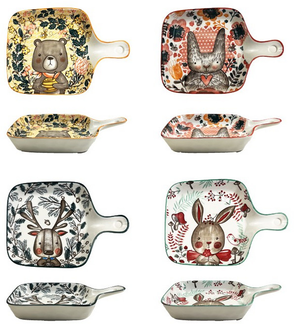 BLOWFISHFUGU손잡이 접시 손잡이 접시 먹방 손잡이 앞접시 도자기 손잡이 앞접시 예쁜 앞접시 홈식기 세트, 1개, 4p