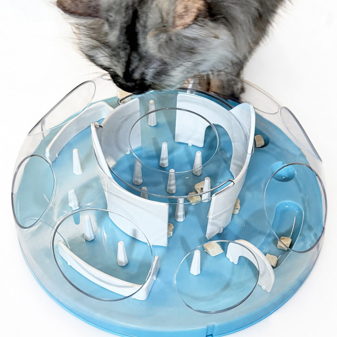 한정세일 PET MOMENT 고양이 먹이퍼즐 난이도조절 미로 간식 정난감 퍼즐노즈워크 IQ 분리불안 비만방지, 베이비 블루, 1개