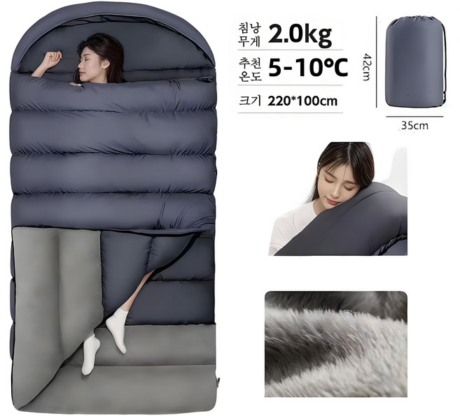 캠핑 침낭 대형 사계절 이불 휴대용 고급형 겨울 홀리데이 차박 동계 침낭 220*100cm 2kg+수납가방, 1개, 남색