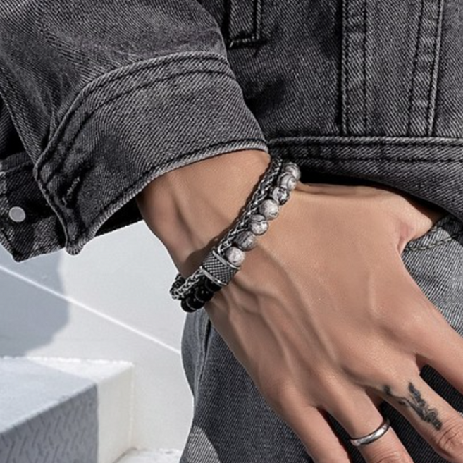 온더레브 티타늄 남자 더블 레이어 체인 비즈 패션 팔찌