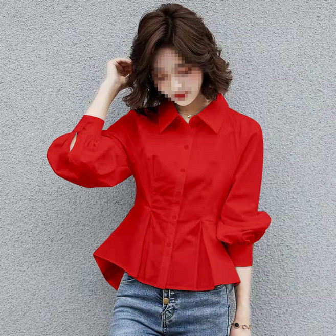 자칠 여성용 단색 캐주얼 카라 긴팔 블라우스 버튼다운 칼라 허리라인 셰이핑 플라운스 하밍 오피스룩 정장 셔츠