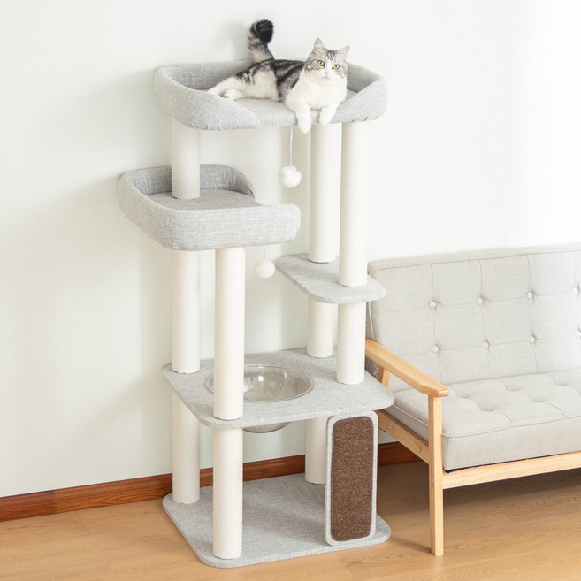캣타워 5단 고양이타워 모던 스크래쳐 심플 프리미엄 대형 침대 마포소재 높이 135센치 강화 바스켓 투명해먹 고양이나무 캣트리 고양이용품 전망대 회색 초록색 초록, 1개, 마포 회색