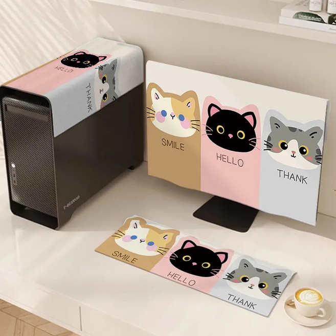 다양ST 에스티 먼지커버 모니터용 + 본체용 + 키보드용 먼지 커버 세트 컴퓨터 데스크톱 먼지 방지 천 보호 3pc, 웃는 얼굴 새끼 고양이 세 마리