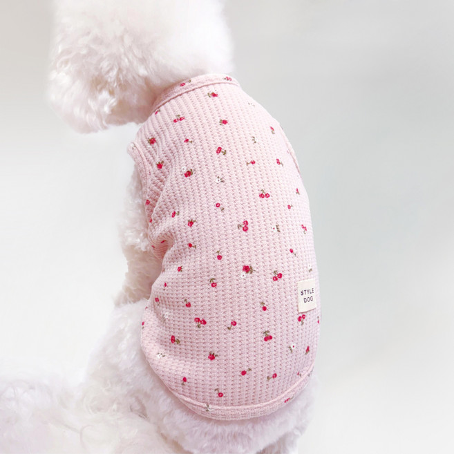 스타일독 와플 나염 나시 강아지옷 티셔츠, 1개, 꽃체리핑크