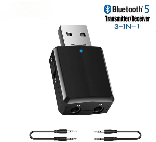 CMAOS USB 블루투스 5.0 송신기 수신기 3 in 1 EDR 어댑터 동글 3.5mm AUX TV PC, 1개, Black