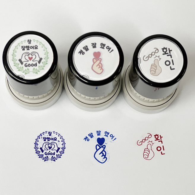 칭찬도장 2원형 만년도장 3종1세트 알림장 숙제검사 확인스탬프 어린이집 유치원 초등 교사용 부모님, 1개, 3번SET(케이스블랙)