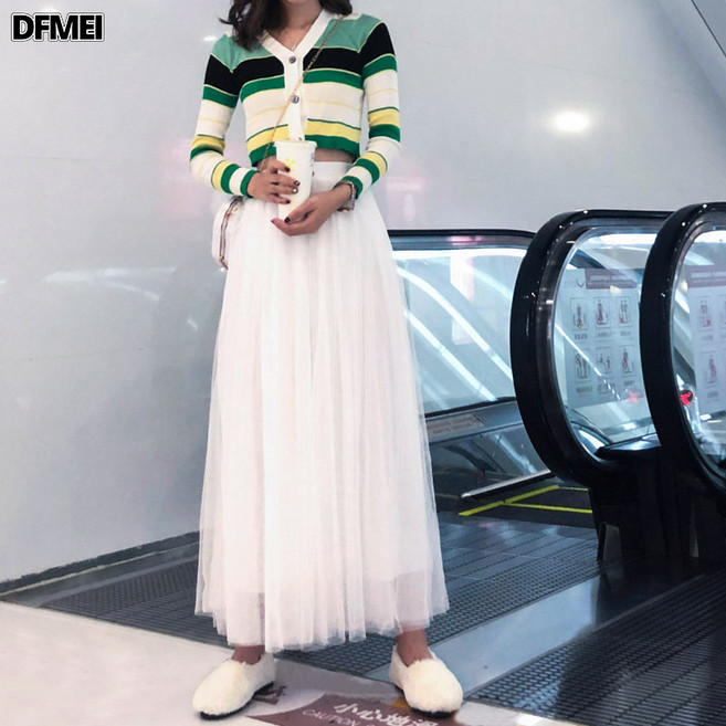 DFMEI 春夏網紗裙中長款半身裙韓版高腰顯瘦百搭A字百褶蓬蓬裙紗裙