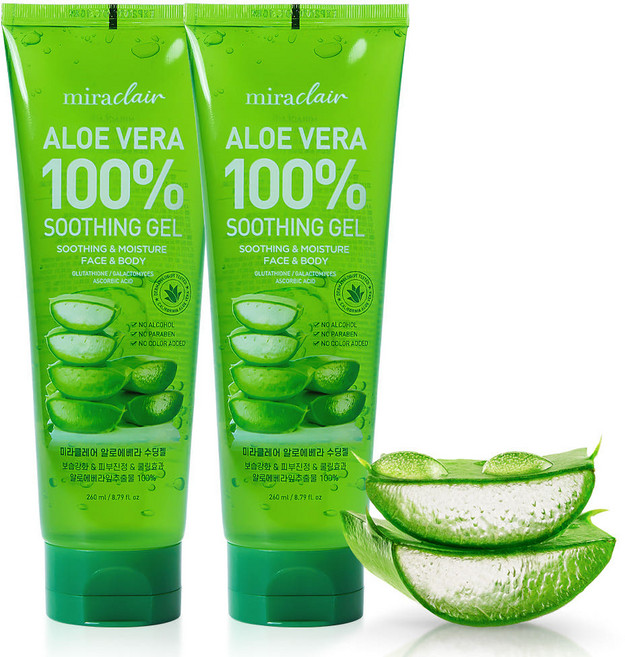 미라클레어 알로에베라 순도100% 무알콜 수딩젤 수분가득, 2개, 260ml