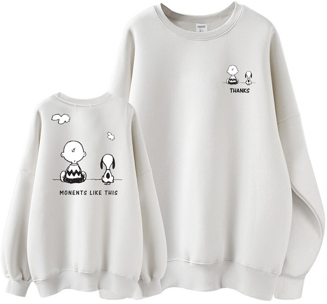 스누피 정품 남녀공용 오버핏 캐릭터 라운드 맨투맨 빅사이즈 데일리 티 루즈핏 커플 티셔츠 남자 여성 롱티 단체티 지금이순간