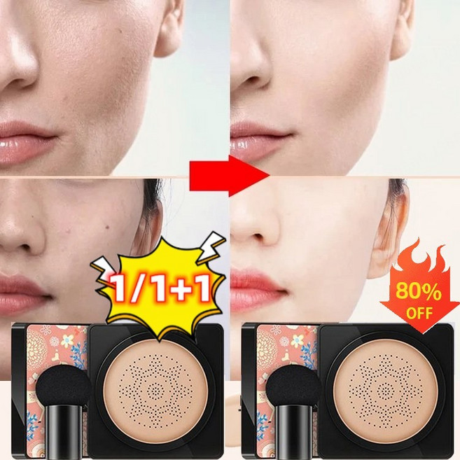 핑크 사슴 버섯머리 퍼프 쿠션 촉촉한 쿠션 BB 뛰어난 커버력 산뜻한 커버/물광 톤업, 그린(내추럴 베이지)*1+1, 1개