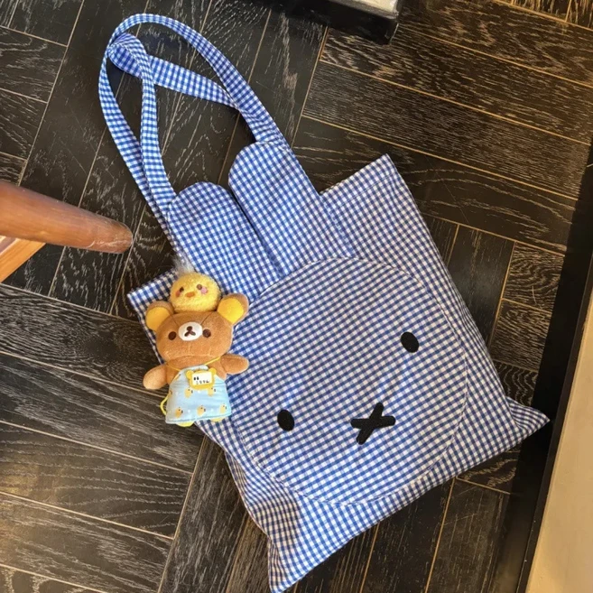 카와이 미피 토끼 토트 백 만화 체크 무늬 지퍼 백 폴리 에스터 코튼 라이닝 여름 다목적 통근 싱글 숄더, 01 B-No pendants