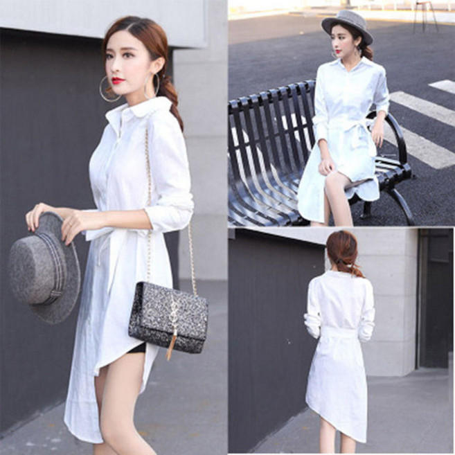 빅사이즈 셔츠 원피스 섹시 언밸런스 원피스 봄여름 여성 통근 원피스 X2502F26