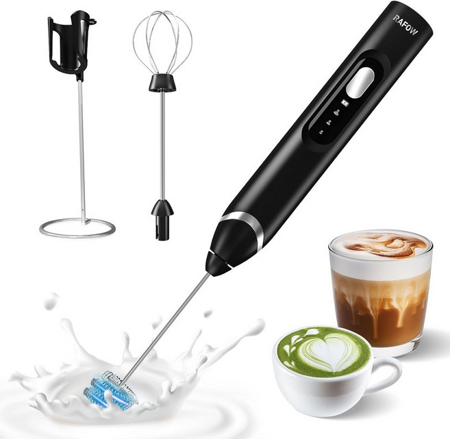 RAFOW 휴대용 전기 우유 거품기: 스탠드가 있는 충전식 거품기 3단 속도 및 분리형 더블 음료 믹서 라떼용 카푸치노 크림 말차 달고나 커피 - 블랙, Black, 21x7cm