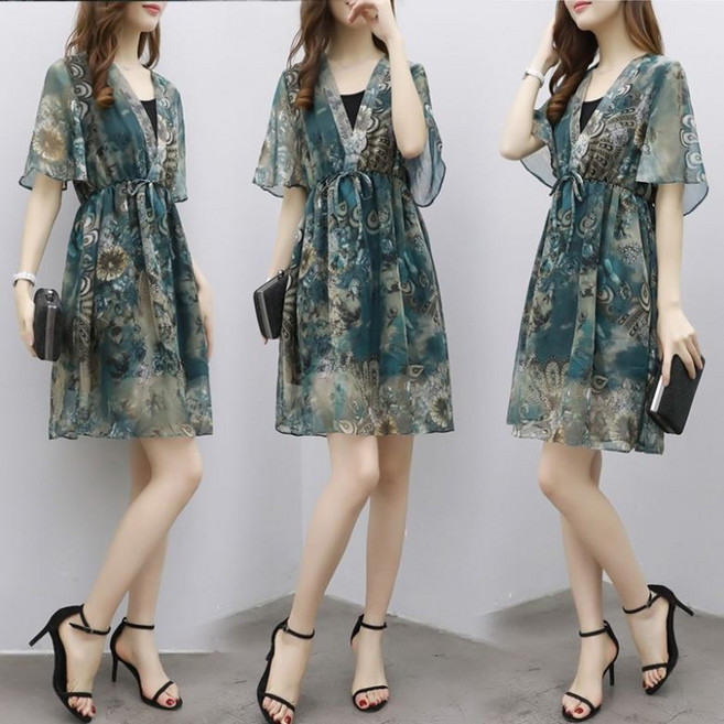 PEROLA 100kg까지 빅사이즈 여성 여름 쉬폰 원피스 프린트 브이넥 허리 스트링 미디 원피스 (L~5XL)