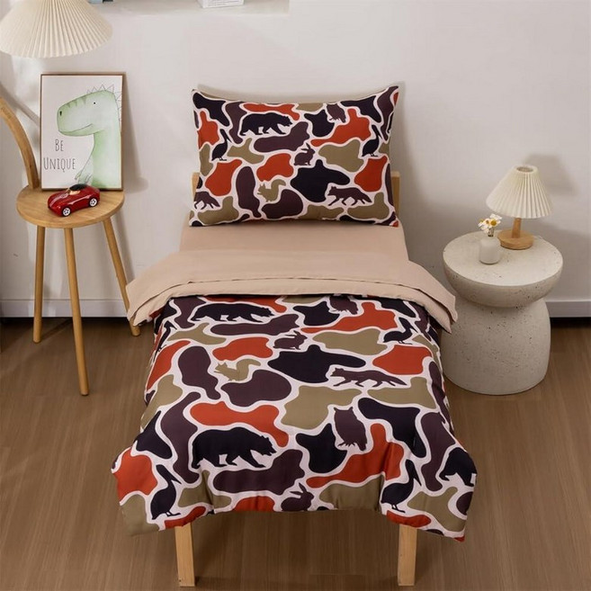 NTBED 4 Pieces Camo Toddler Bedding Set for Baby Girls Boys Forest Hunting Camouflage Printed Inc, Brown