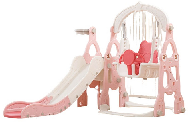 哩哩摳摳兒童：室內寶寶滑梯 附籃球框, 溜滑梯+盪鞦韆粉色(底部防滑), 1個