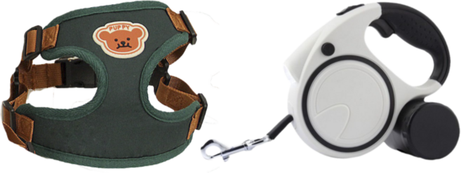 강아지 H형 하네스 세트 자동 LED 리드줄 5M 목줄 패키지, 1세트, 그린+LED 자동리드줄