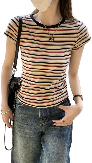 INSZEN 여성 스트라이프 라운드넥 슬림 디자인 반팔 티셔츠 IZ-020