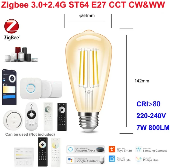 1-10P AC220V ZIGBEE 3.0+2.4G RF 빈티지 스타일 LED 필라멘트 전구 A60 G95 ST64 E27 7W Pro 듀얼 화이트, 17 ST64 Zigbee Brown, 04 5 PCS