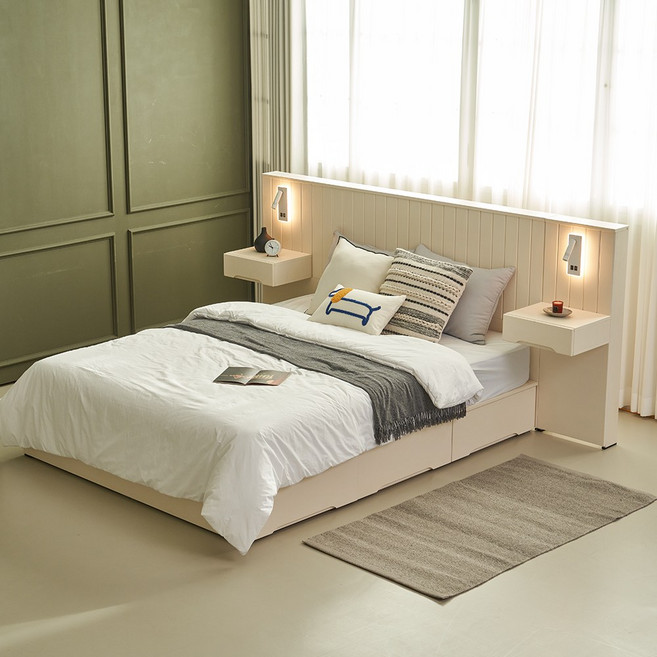 베네디르 크리미 Q&K겸용 원목 LED조명 호텔 침대 / 사이드협탁+침대프레임
