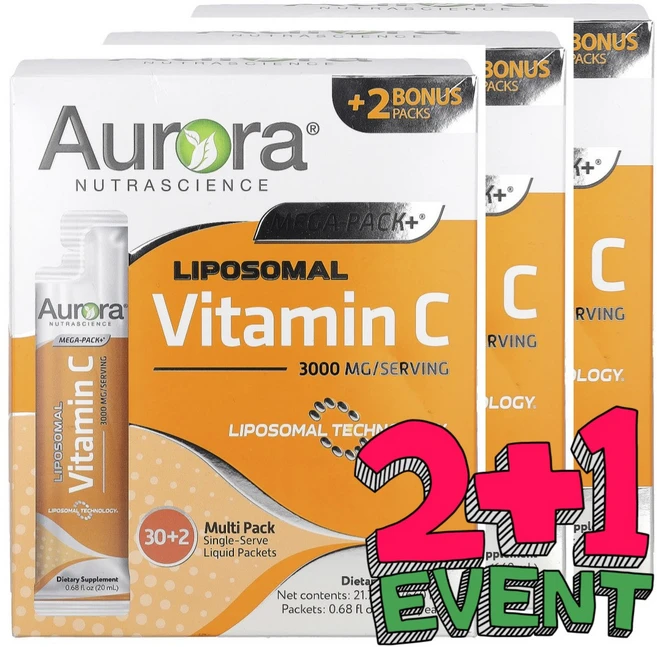 [2+1] Aurora 오로라 메가플러스 Mega-Pack+ 리포소말 비타민C 3 000mg 32팩 1박스 약들약 고약사 / 해외직구 미국정품, 32회분, 3개 - 쿠팡